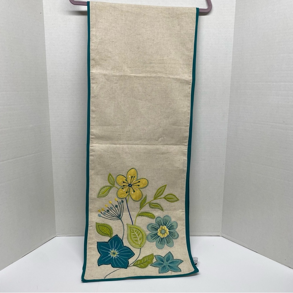 Artistic Accents Table Runner Beige w/Teal Yellow Green Floral Print  72"X13.5"